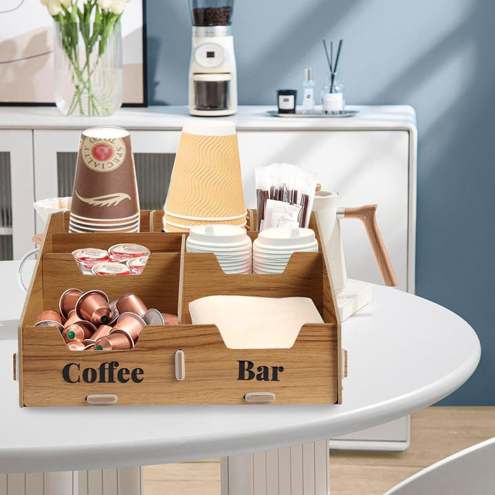 Kaffee Organizer Holz mit 7 Fächern & herausnehmbaren Trennwänden – Kaffeestation & Gewürz Organizer