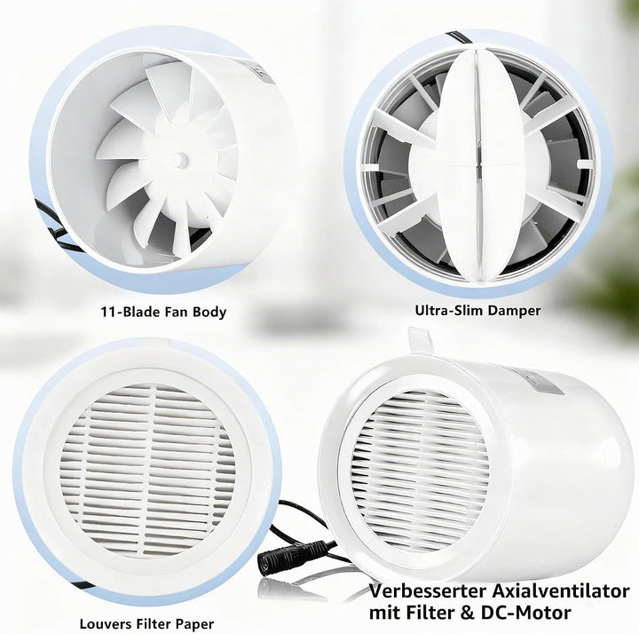 100mm Inline Kanalventilator, DC 12V-Extraktor Spannungsregler, Filternetz, Scheckventil Axiallüfter