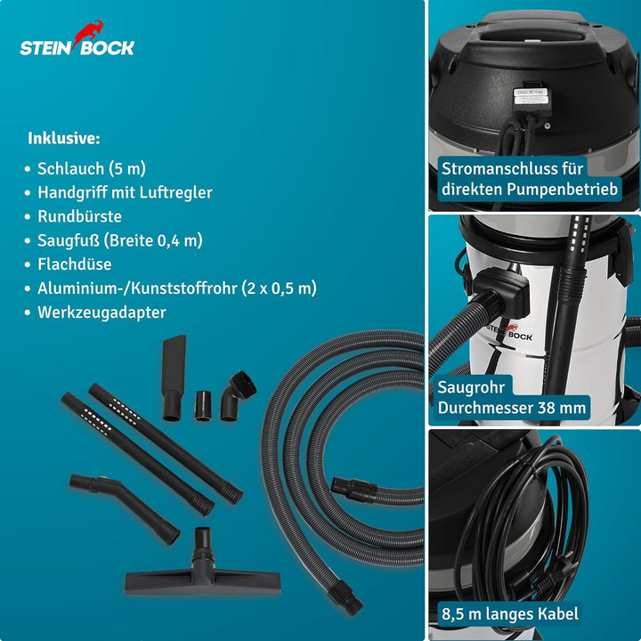 Steinbock Pumpsauger | 1.200 Watt | 41 l Edelstahlbehälter | Nasssauger mit integrierter Tauchpumpe