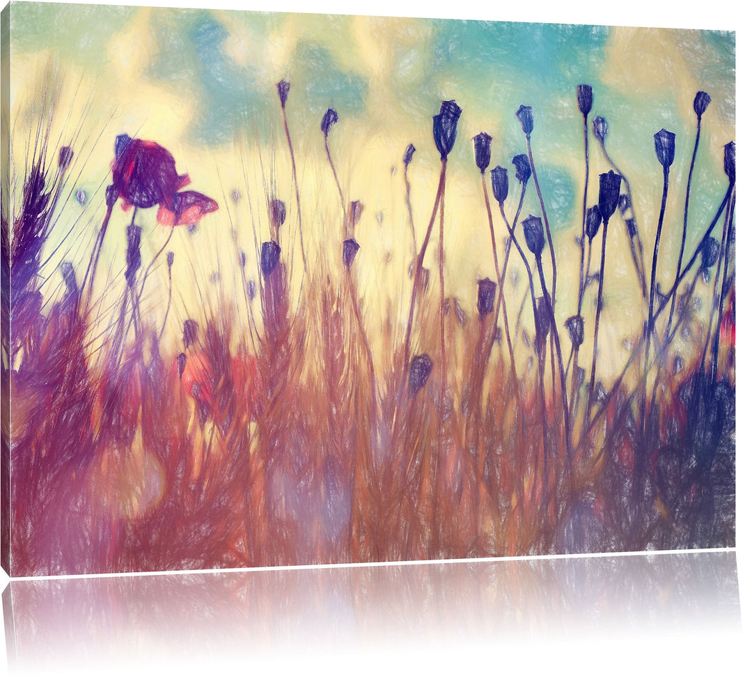 Pixxprint Mohn im Weizenfeld Kunst Buntstift Effekt, Format: 100x70 auf Leinwand, 100x70