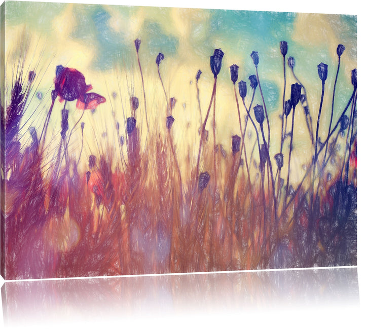 Pixxprint Mohn im Weizenfeld Kunst Buntstift Effekt, Format: 100x70 auf Leinwand, 100x70