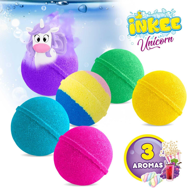 INKEE Geschenkbox Unicorn | Box mit 6 Badebomben für Kinder mit Überraschung, 6 Badekugeln mit Einho