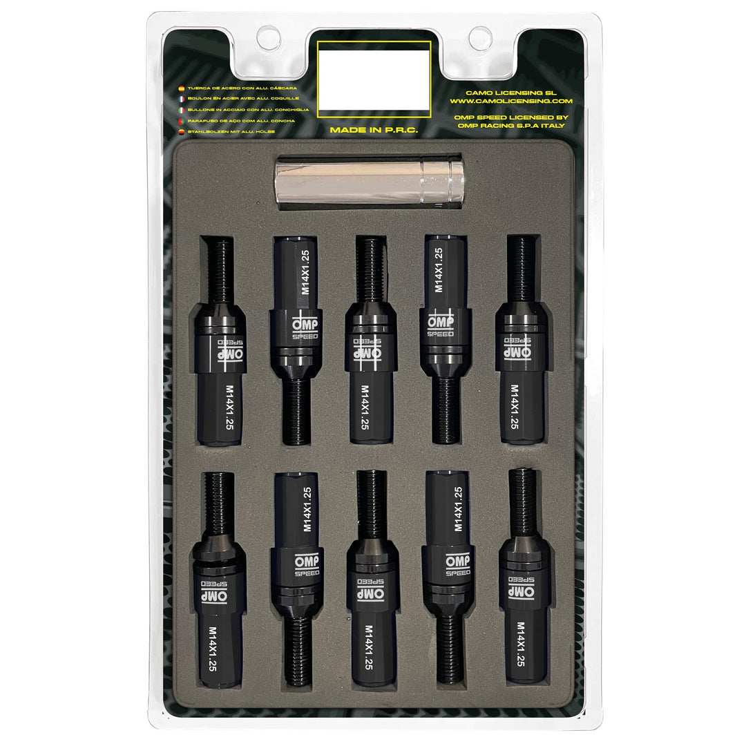 Omp SPEED Set 20 Radschrauben schwarz mit metrischer M14X1.25 Schlüssel 17-19 lang Gewinde 28 mm mit