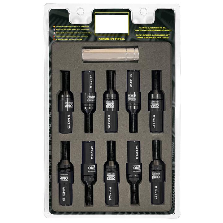 Omp SPEED Set 20 Radschrauben schwarz mit metrischer M14X1.25 Schlüssel 17-19 lang Gewinde 28 mm mit