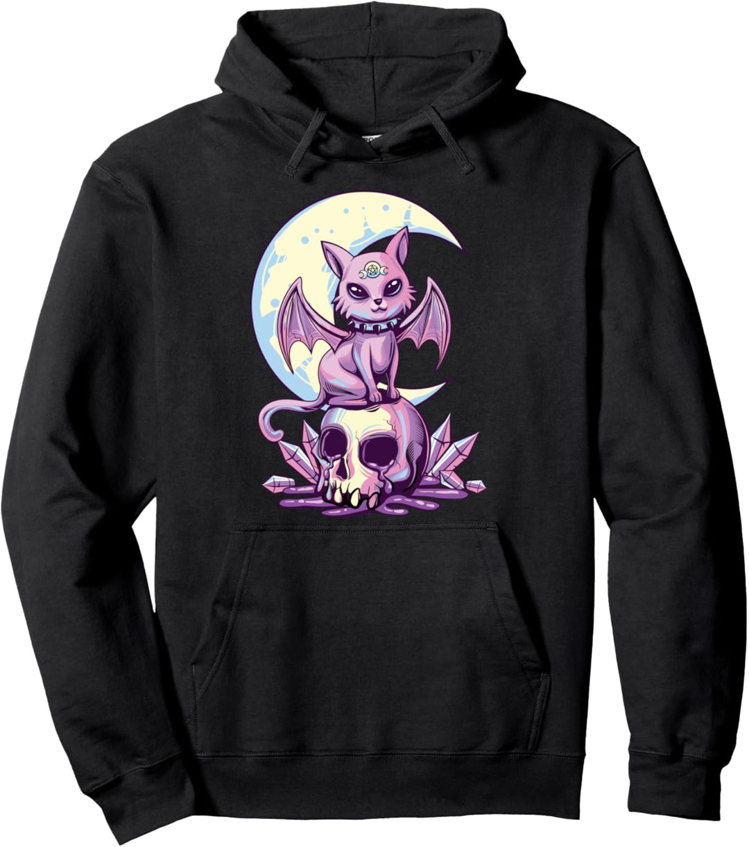 Pastel Goth Wiccan Cat Cute Creepy Witchy Cat and Skull Pullover Hoodie