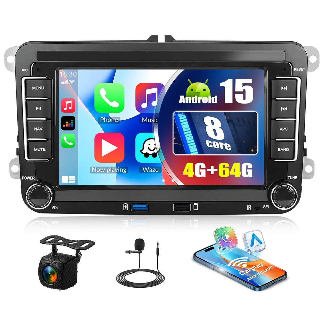 Android 15, 4G+64G 8-Core CAMECHO Autoradio für VW Golf 5 6 Passat Polo Tiguan Touran Caddy Skoda Se