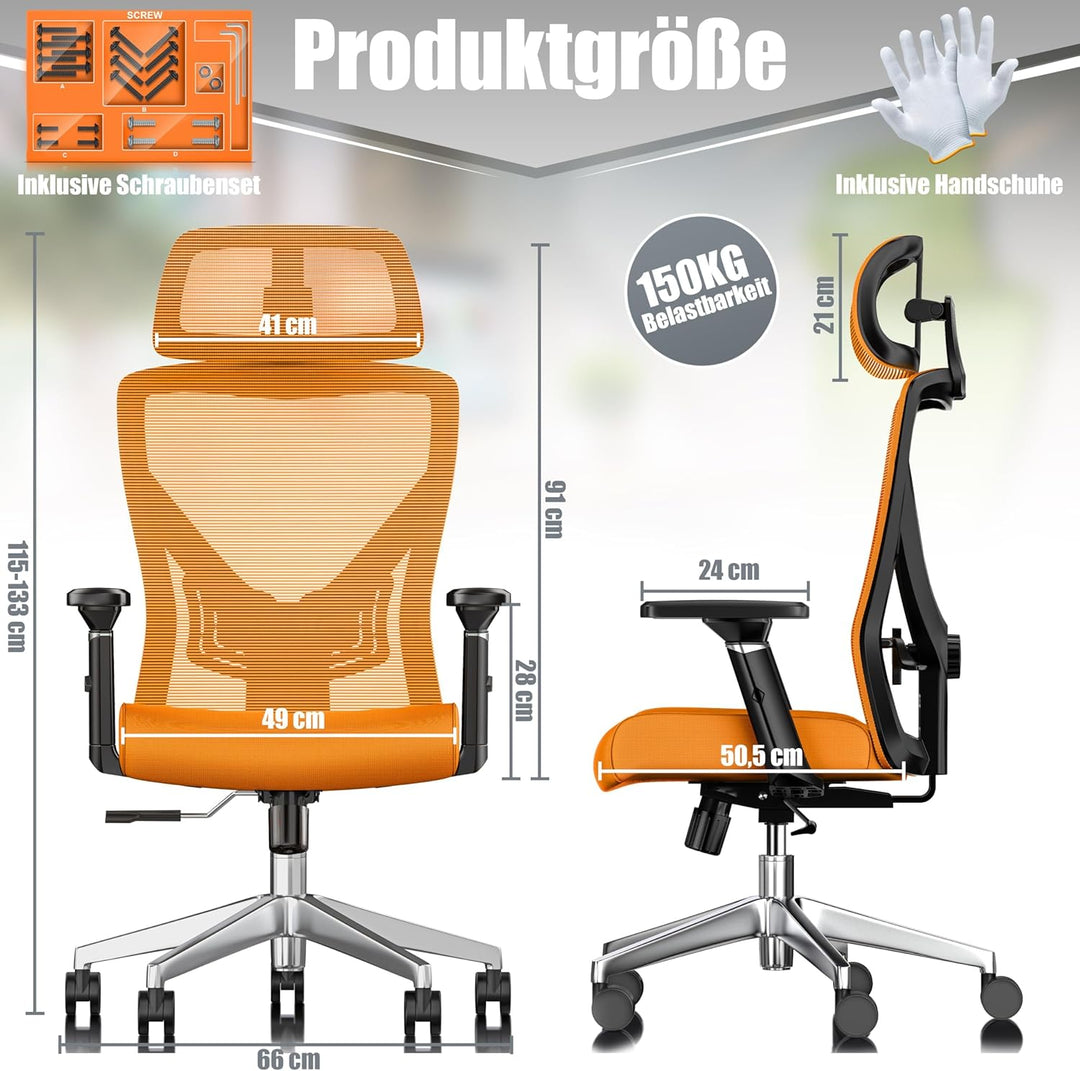 KESSER® Bürostuhl Ergonomisch mit verstellbaren Armlehnen | Drehstuhl mit Lendenwirbelstütze Rückens