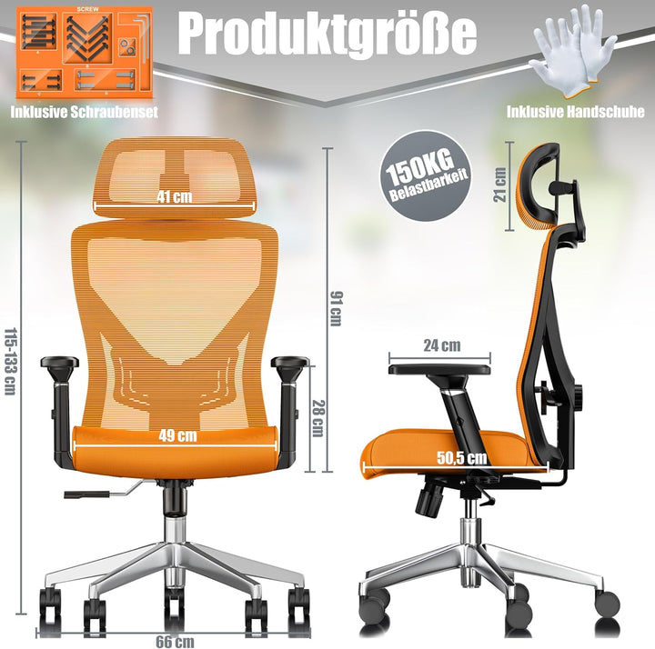 KESSER® Bürostuhl Ergonomisch mit verstellbaren Armlehnen | Drehstuhl mit Lendenwirbelstütze Rückens
