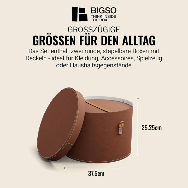 BIGSO RUT 2er-Set Aufbewahrungsbox mit Deckel – runde Ordnungsbox mit Lederriemen – grosse und klein