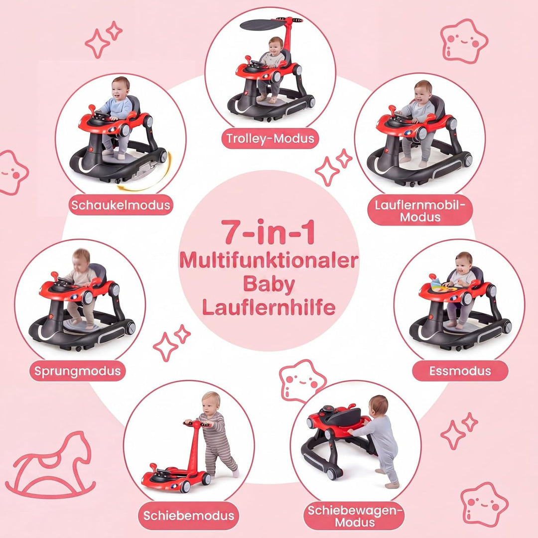 COSTWAY 7 in 1 Lauflernhilfe mit Verdeck, Lauflerwagen mit einstellbarer Höhe & Geschwindigkeit, Bab