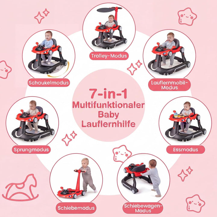 COSTWAY 7 in 1 Lauflernhilfe mit Verdeck, Lauflerwagen mit einstellbarer Höhe & Geschwindigkeit, Bab