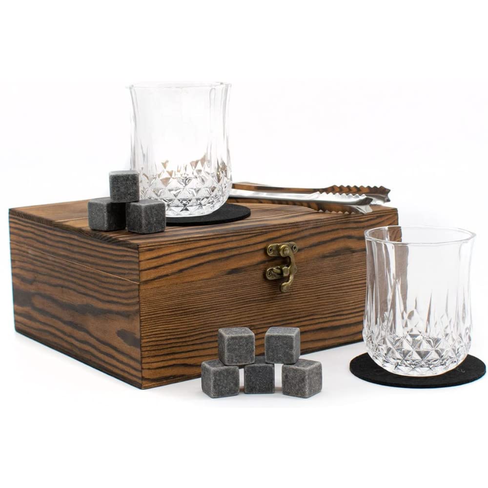 TRIXES Grosse Whiskey-Gläser-Geschenkbox – Whiskey-Gläser, Steine, Untersetzer und Zangen-Set – Gesc