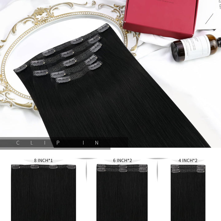 Moresoo Clip in Extensions Echthaar Schwarz Doppelt Tressen Echthaar Extensions Clip Glatt Dick Haar