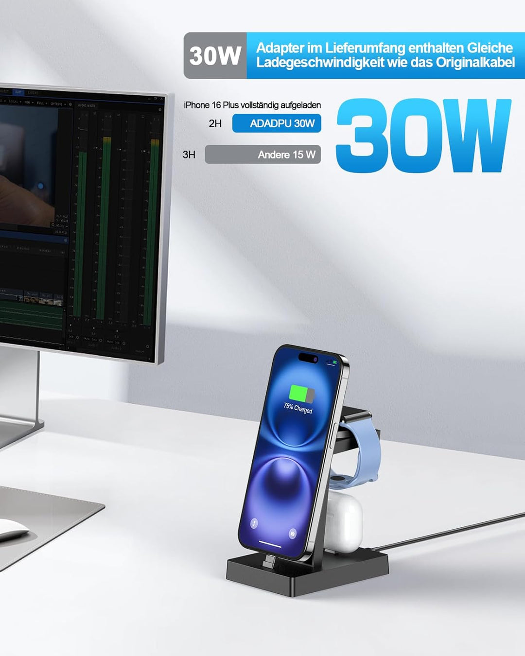 Ladestation für mehrere Geräte – ADADPU 30W USB C Schnellladestation,3 in 1 Kabelloser Ladeständer f