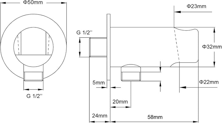 Keymark Wandanschlussbogen mit Brausehalter Schwarz Matt, Messing Schlauchanschluss mit Wandbrauseha
