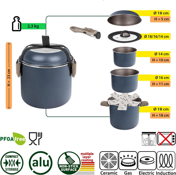 BRUNNER Camping HOHES Kochgeschirr-Set Alu (Töpfe und Pfannen) - ø 18, 20, 22 cm TORRALTA Vakublock