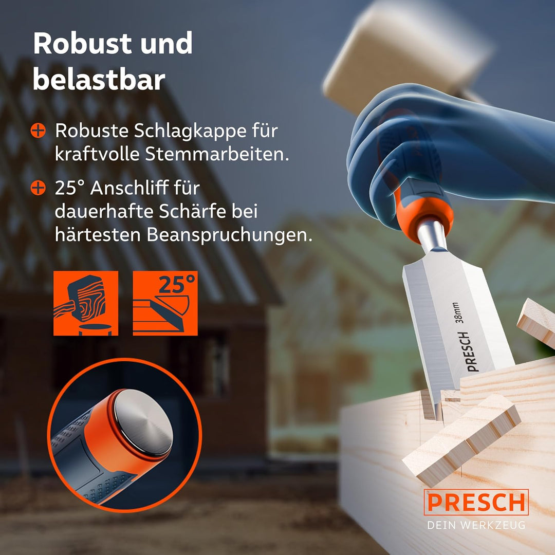 Presch Stechbeitel Set für Holz 10tlg. inkl. Tasche - Fertig geschliffene Stemmeisen (6, 10, 12, 16,