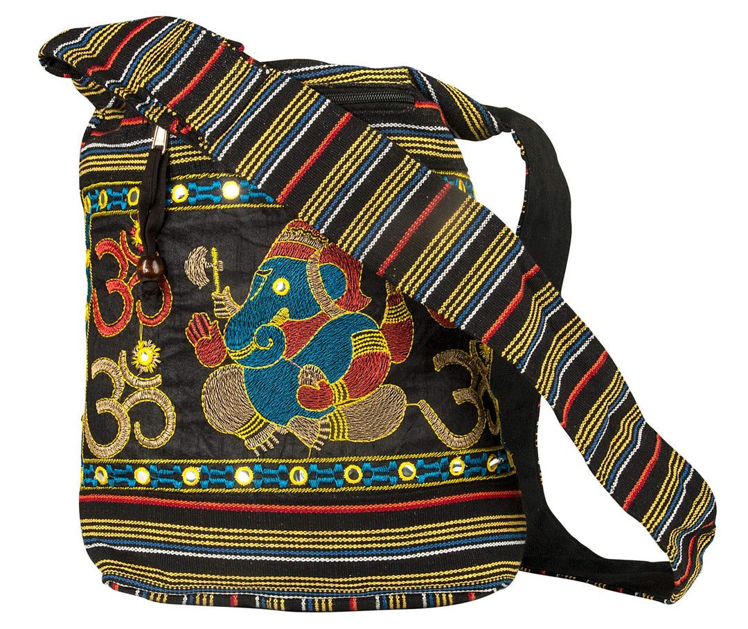 Tribe Azure Fair Trade Damen Hobo OM Schwarz Kreuz Body Schulter Tasche Elefant Bestickt Schule Allt