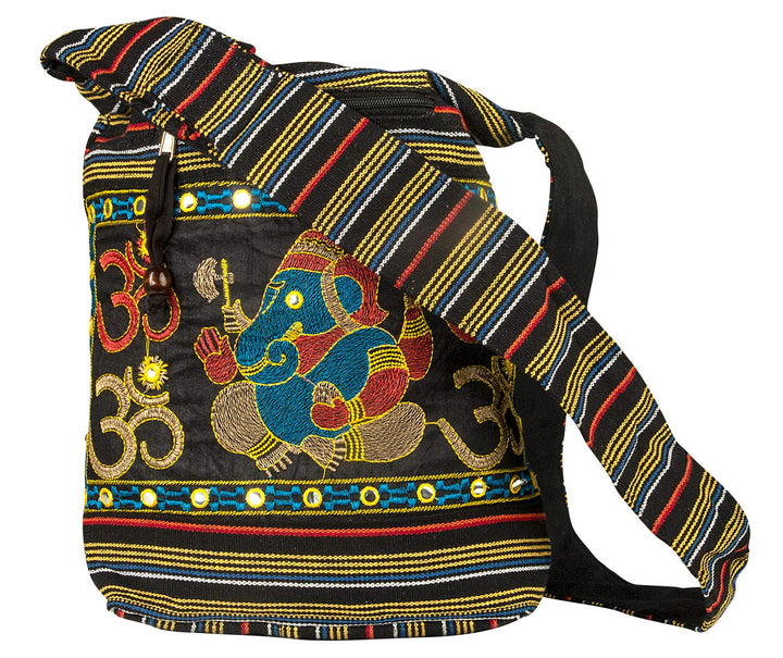 Tribe Azure Fair Trade Damen Hobo OM Schwarz Kreuz Body Schulter Tasche Elefant Bestickt Schule Allt