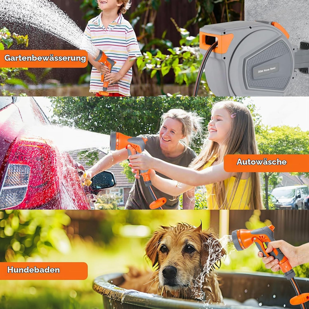 TLGREEN Schlauchtrommel Wasser 30m, Schlauchaufroller mit 9-Funktionen Handbrause und Gartenschlauch