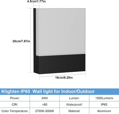 Klighten 2 Stück 24W LED Aussenwandleuchte, Wasserdicht IP65 Wandleuchten Aussen/Innen, Aluminium Mo