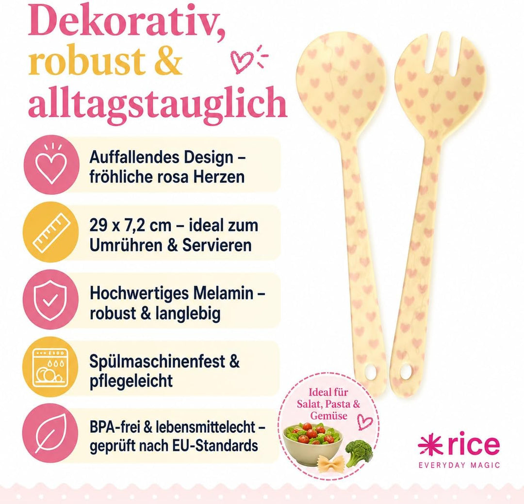 RICE Salatbesteck Melamin 2-teilig, creme rosa Herzmotiv, 29 cm | Salatlöffel &amp; Salatgabel, BPA-frei