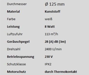 Badventilator Ø 125 mm in weiss mit Feuchtigkeitssensor Hygrostat sowie Timer Nachlauf Lüfter Ventil