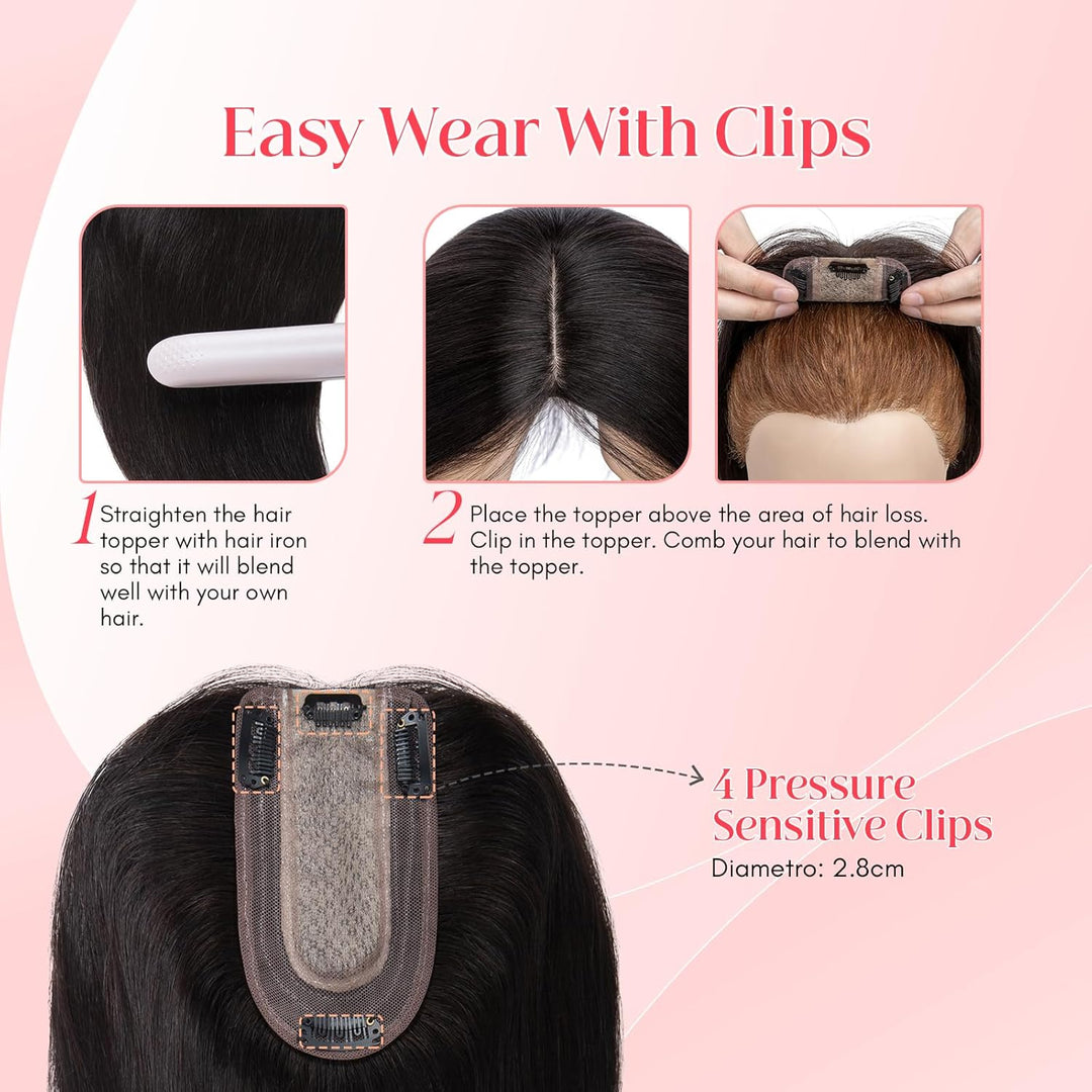 Elailite Hair Topper Echthaar #1B Naturschwarz 20cm Clip in Toupet Damen Extensions Haarteil Haartop