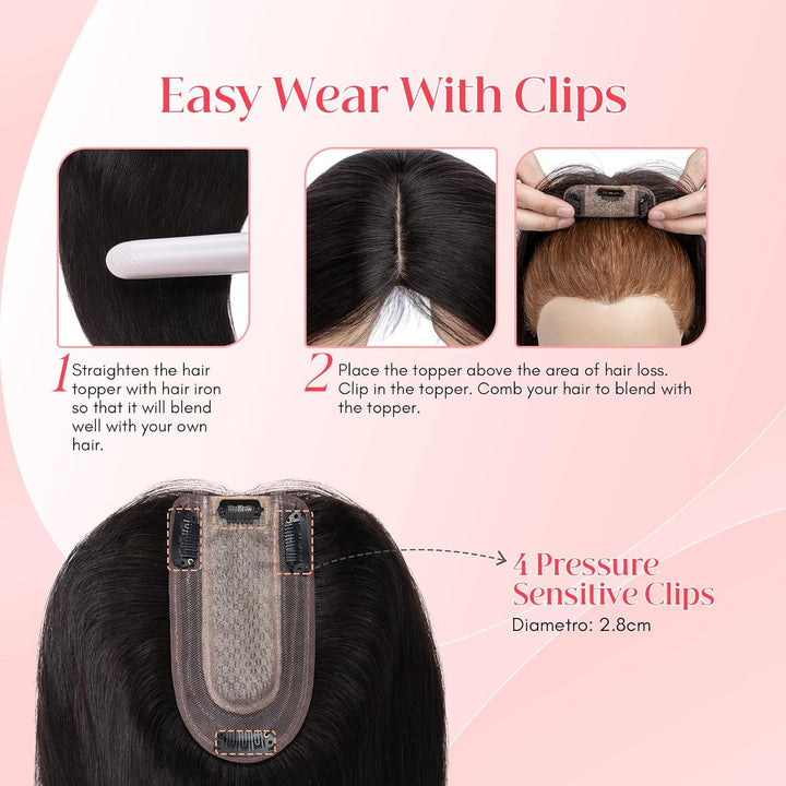 Elailite Hair Topper Echthaar #1B Naturschwarz 20cm Clip in Toupet Damen Extensions Haarteil Haartop