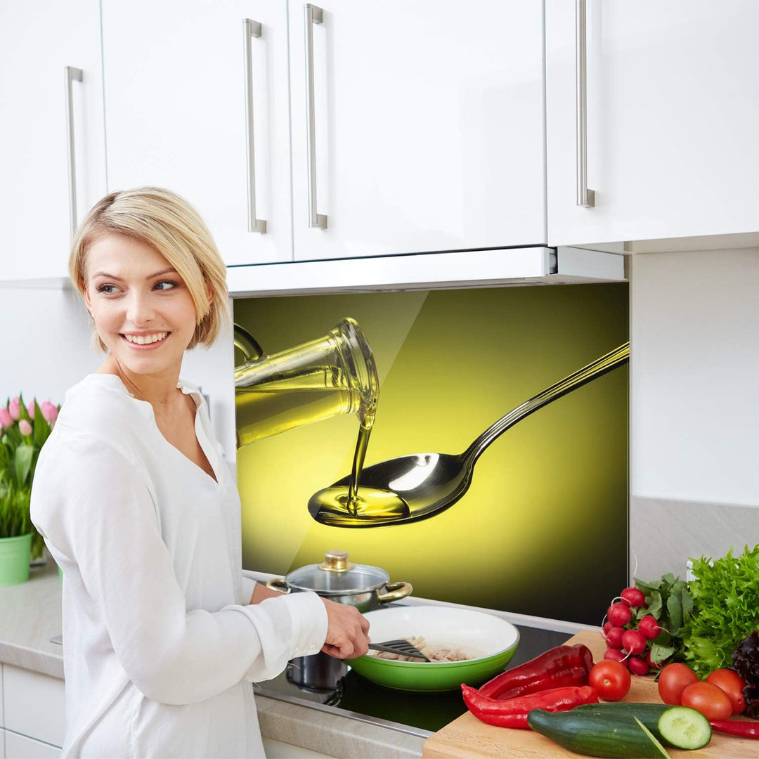 GRAZDesign Spritzschutz Glas für Küche Herd, Bild-Motiv grün Olivenöl mediterran, Küchenrückwand Gla