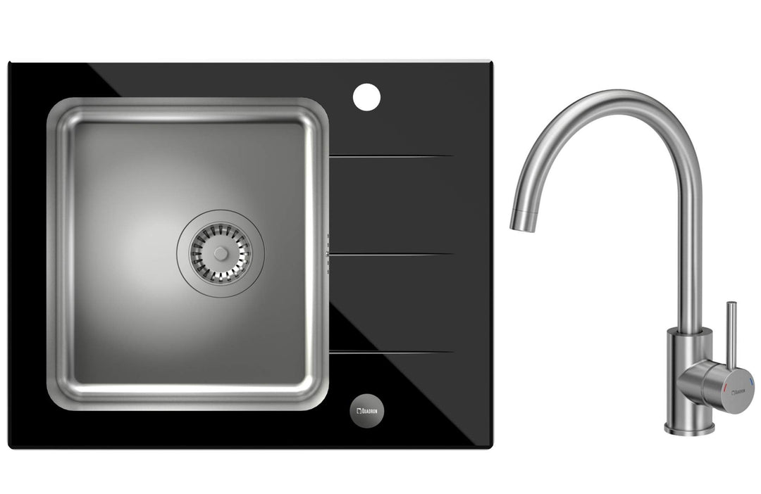 VBChome Glasspüle 62 x 50 Spülbecken mit Armatur Spüle Einbauspüle schwarz Glas inkl. Ablaufgarnitur