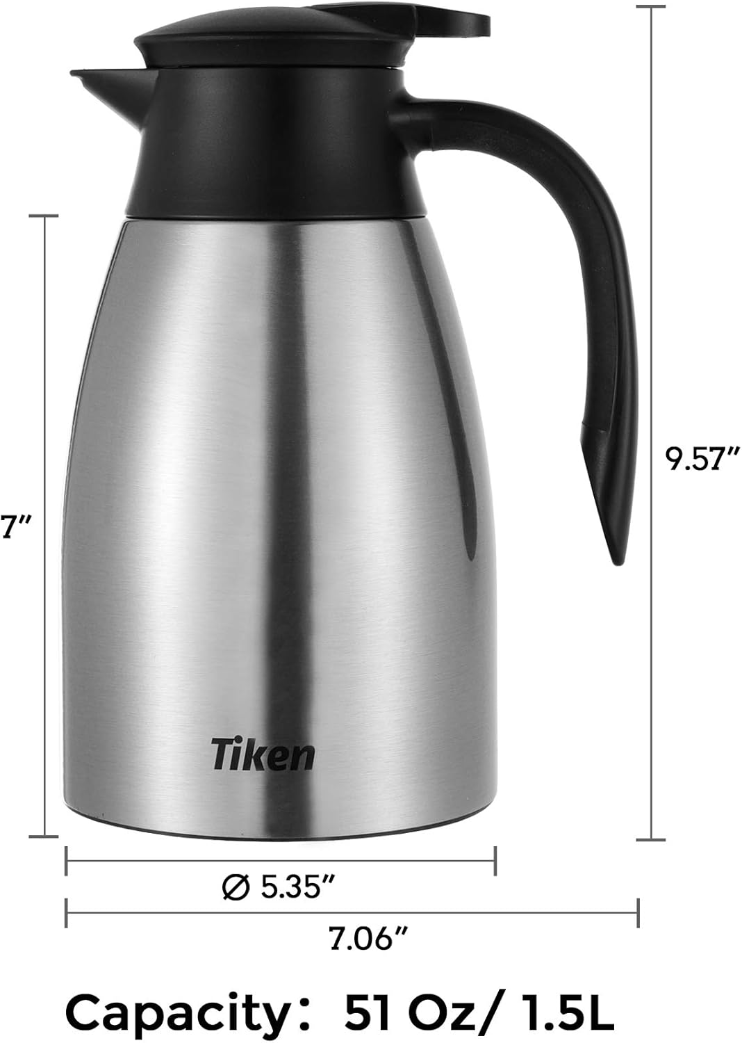 Tiken 1.5L Thermoskanne Edelstahl Doppelwandige Vakuumisolierung Isolierkanne Kaffeekanne, Silbrig S