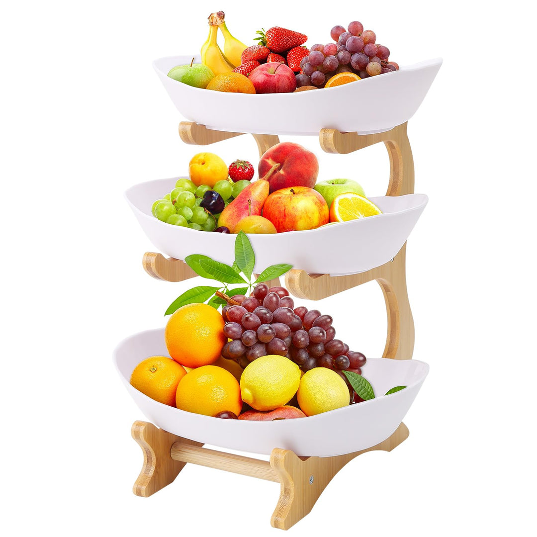 Obstschalenkorb, 3-stöckig, Servierschalen, Tablett-Set, Obstkorbständer mit Holzregal für Unterhalt