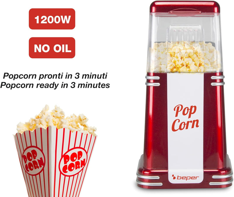 Beper - Popcorn-Maschine, 3 Minuten Popcorn, fettfrei, Heissluftzirkulation, Leistung 1200 W Rot (En