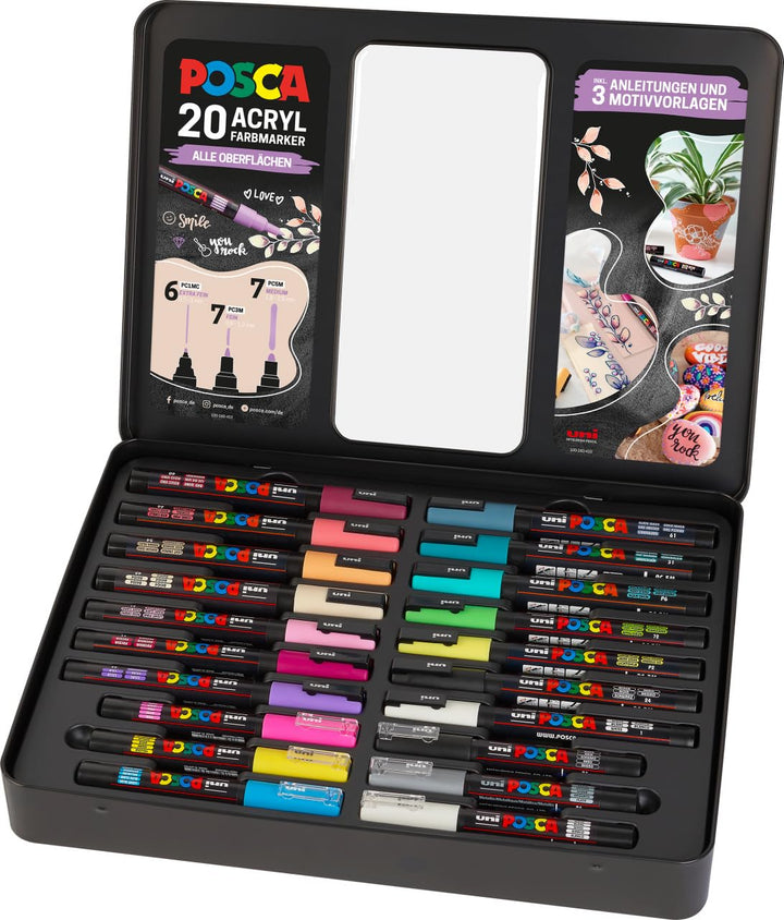 Faber-Castell uni-ball 186829 - POSCA Marker Set, 20er Etui, inkl. Anleitungen für 3 DIY Projekte 20