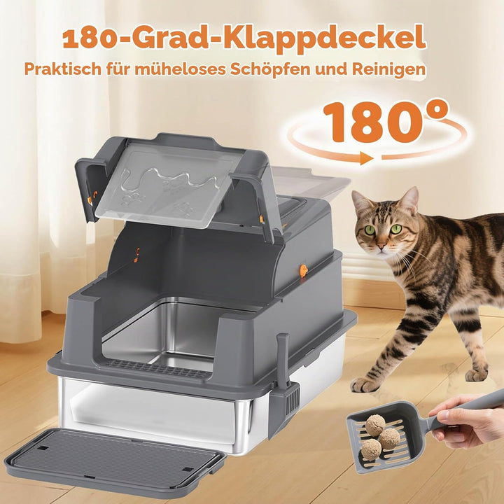 Homegroove XXXL Katzenklo Edelstahl mit Deckel, 70x50x45 Extra Grosses Katzenklo mit Schaufel &amp; Fuss