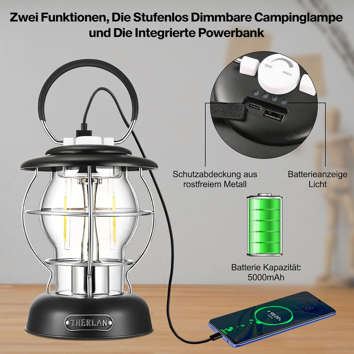 Therlan campinglampe, Retro Camping Laterne, (320LM, IP44, 5000mAh, bis zu 180h) 3 Helligkeiten Leuc
