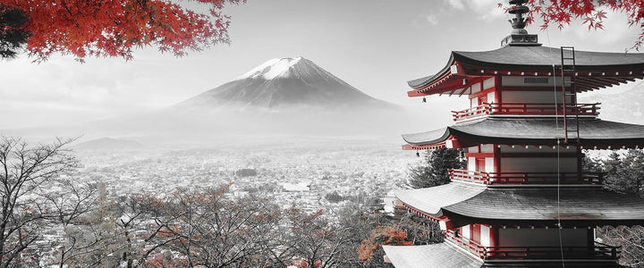 Glasbild Panorama | Wandbild aus Echtglas | Japanischer Tempel im Herbst | 120x50 cm | inkl. Aufhäng