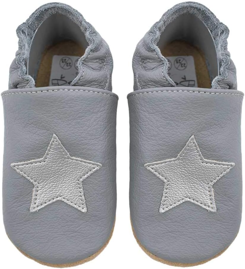 HOBEA-Germany Kitaschuhe Safestep, Kinderhausschuhe, Lederschuhe 26/27 EU Grau Stern Silber, 26/27 E