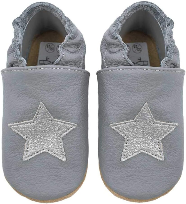 HOBEA-Germany Kitaschuhe Safestep, Kinderhausschuhe, Lederschuhe 26/27 EU Grau Stern Silber, 26/27 E