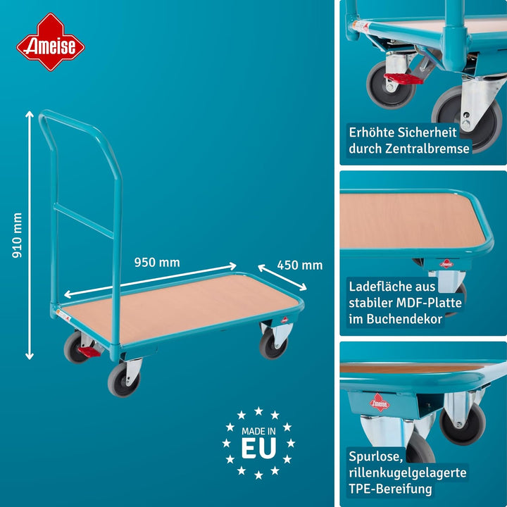 Ameise Magazinwagen | 200 kg Tragkraft | HxBxT 91 x 45 x 95 cm | Ladefläche BxT 45 x 85 cm | 4 TPE-R