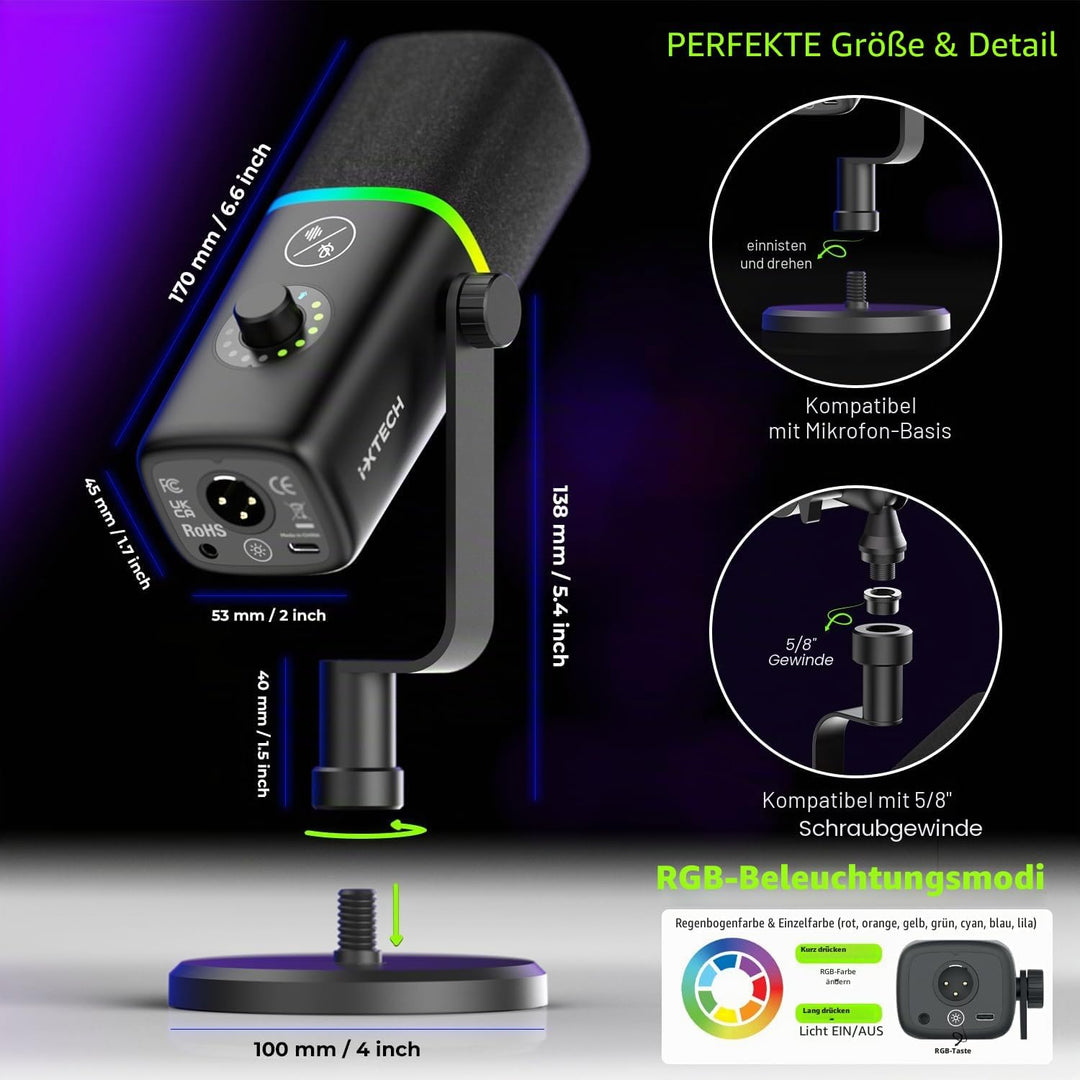 IXTECH Gaming USB Mikrofon für PC, Geräuschunterdrückung, Kondensatormikrofon für Podcasts und Video
