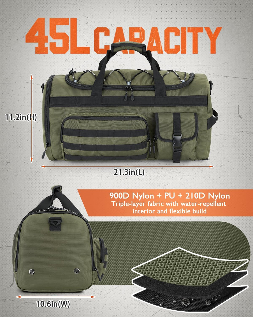 Gonex 45L Sporttasche & Reisetasche Herren, 3-in-1 Tragbar Taktische Trainingstasche mit Schuhfach –