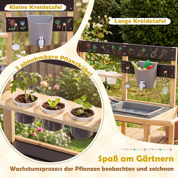 COSTWAY Matschküche Kinder Outdoor, Spielküche mit Wassertank & Wasserhahn | Kinderküche mit Rädern,