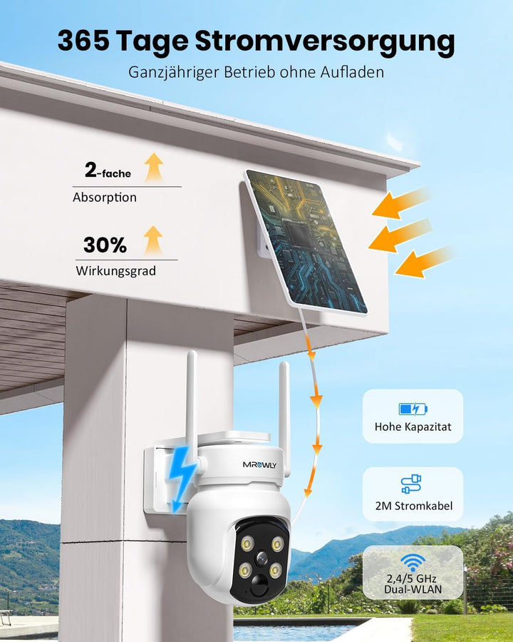 2.5K 4MP Überwachungskamera Aussen Solar, 360°PTZ Kamera Überwachung Aussen Akku, 2,4/ 5GHz WLAN Kam