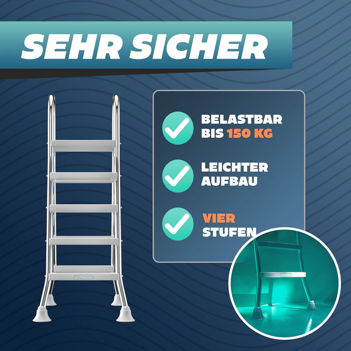 poolomio® Poolleiter Edelstahl mit Handlauf bis 132-140 cm | Einstiegsleiter mit 4 Stufen für Aufste