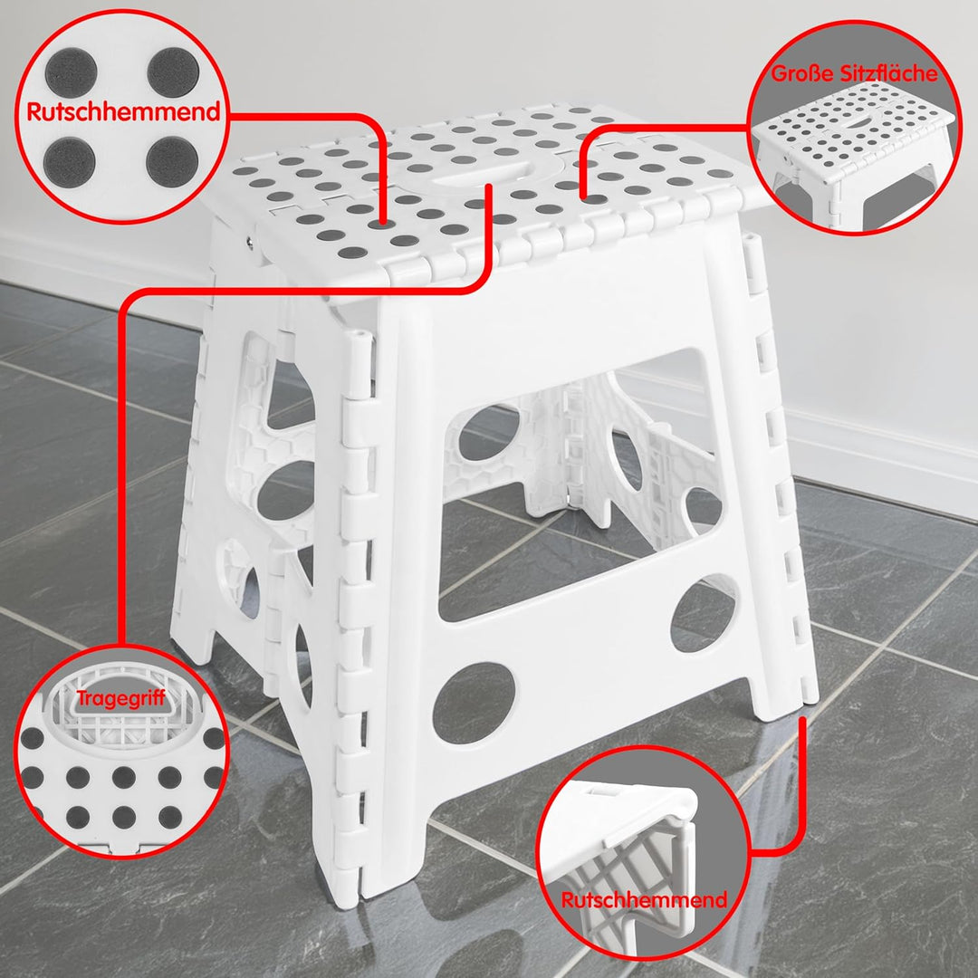 Tritthocker klappbar, Klapphocker faltbar 150 kg, 1 Stufe, rutschfest (Weiss, 39 x 40 x 32 cm) Weiss