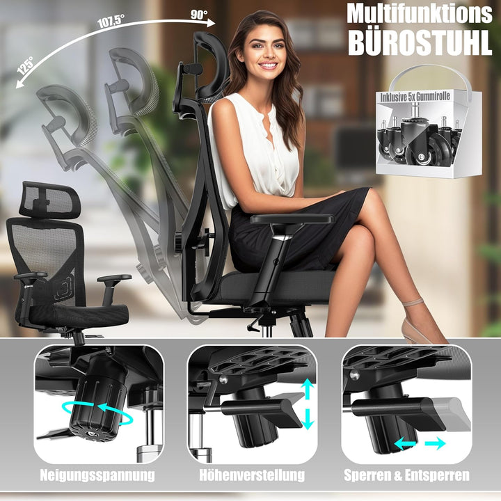 KESSER® Bürostuhl Ergonomisch mit verstellbaren Armlehnen | Drehstuhl mit Lendenwirbelstütze Rückens