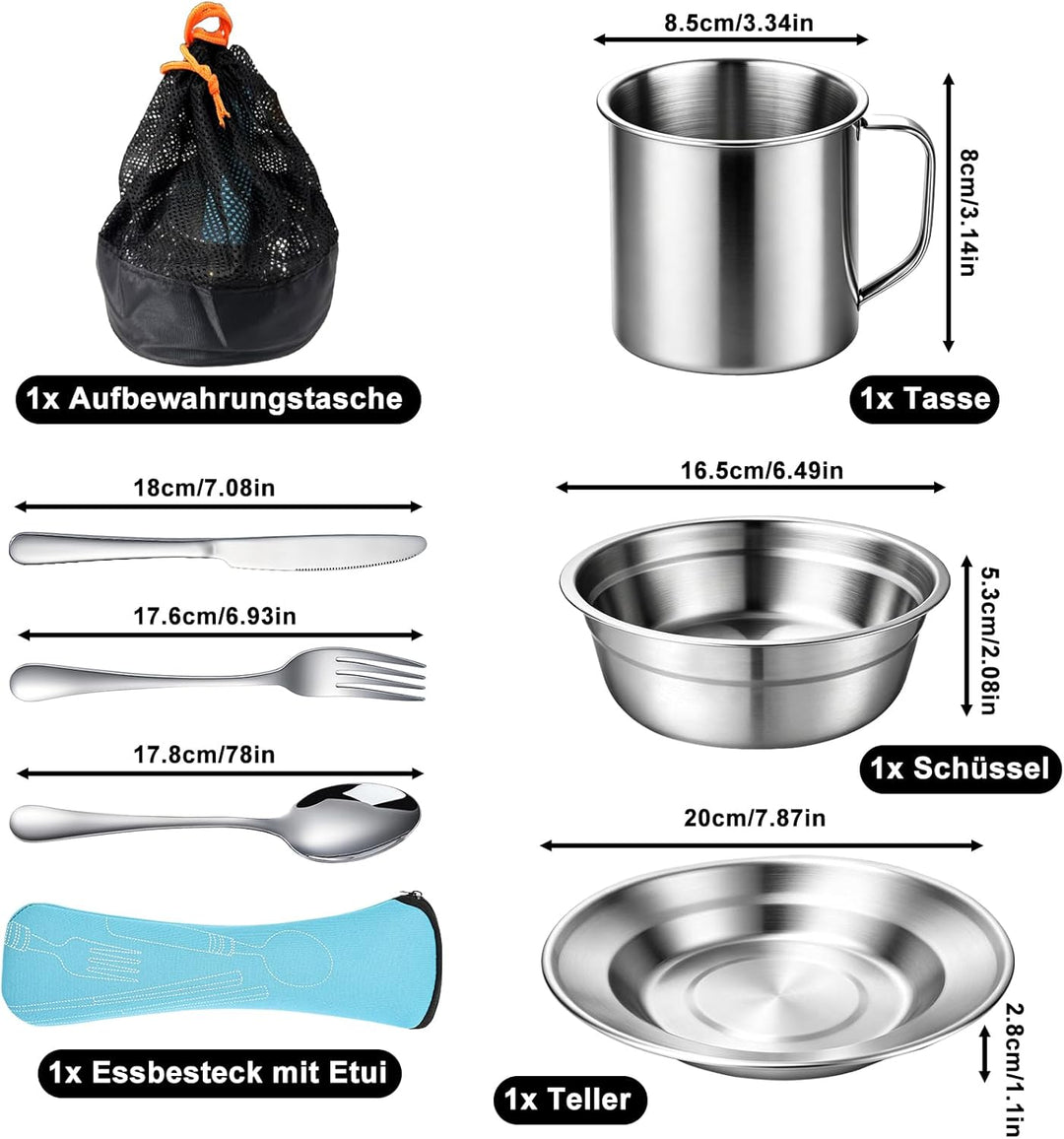 Campingbesteck Set 1 Person, Camping Geschirr Set Edelstahl mit Schalen Teller Tassen Gabeln Löffel