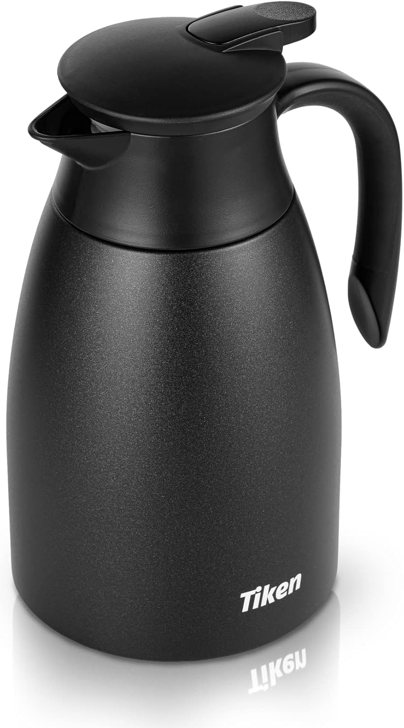 Tiken 1.5L Thermoskanne Edelstahl Doppelwandige Vakuumisolierung Isolierkanne Kaffeekanne Schwarz Sc